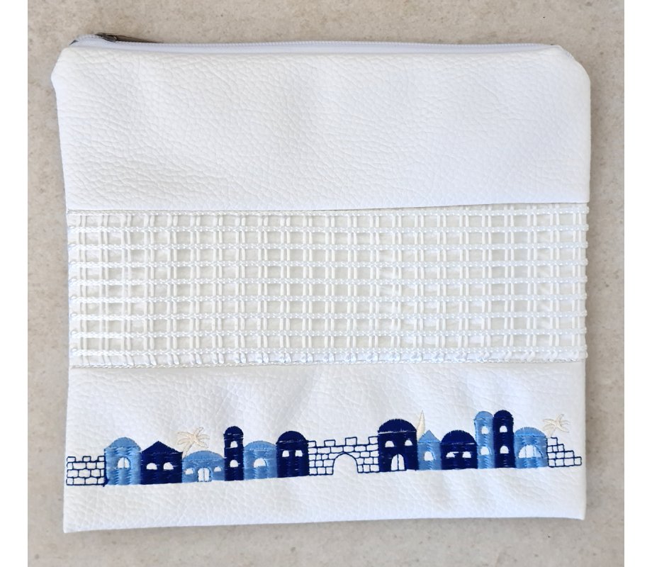 White Faux Leather Tallit and Tefillin Bag Set Embroidered – Priestly Blessing