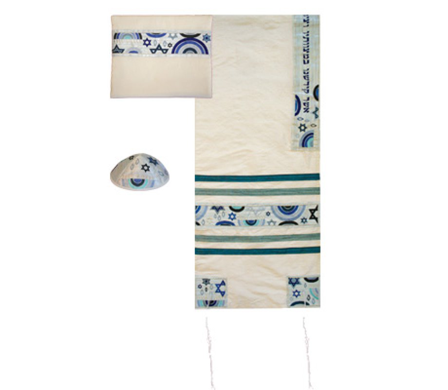 White Polysilk Prayer Shawl Set Embroidered Blue Judaica Symbols - Yair Emanuel