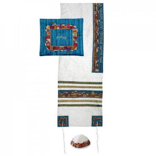 White Polysilk Prayer Shawl Set Embroidered Colorful Jerusalem - Yair Emanuel