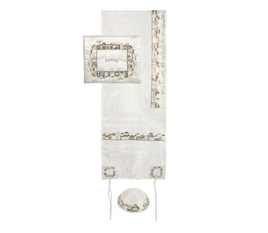 White Polysilk Prayer Shawl Set Embroidered Gold and Silver Jerusalem - Yair Emanuel