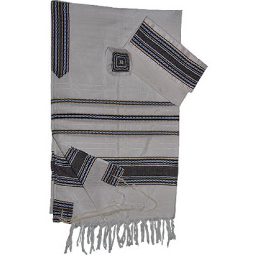 White Silk Handwoven Prayer Shawl Set with Gold and Blue Stripes - Gabrieli