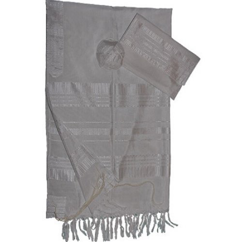 White Silk Handwoven Tallit Set with White Stripes - Gabrieli