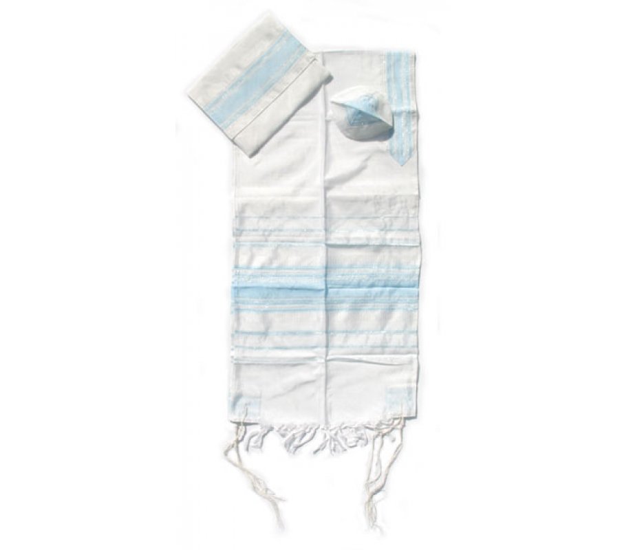 White Silk and Light Blue Stripes Handwoven Prayer Shawl Set Set - Gabrieli