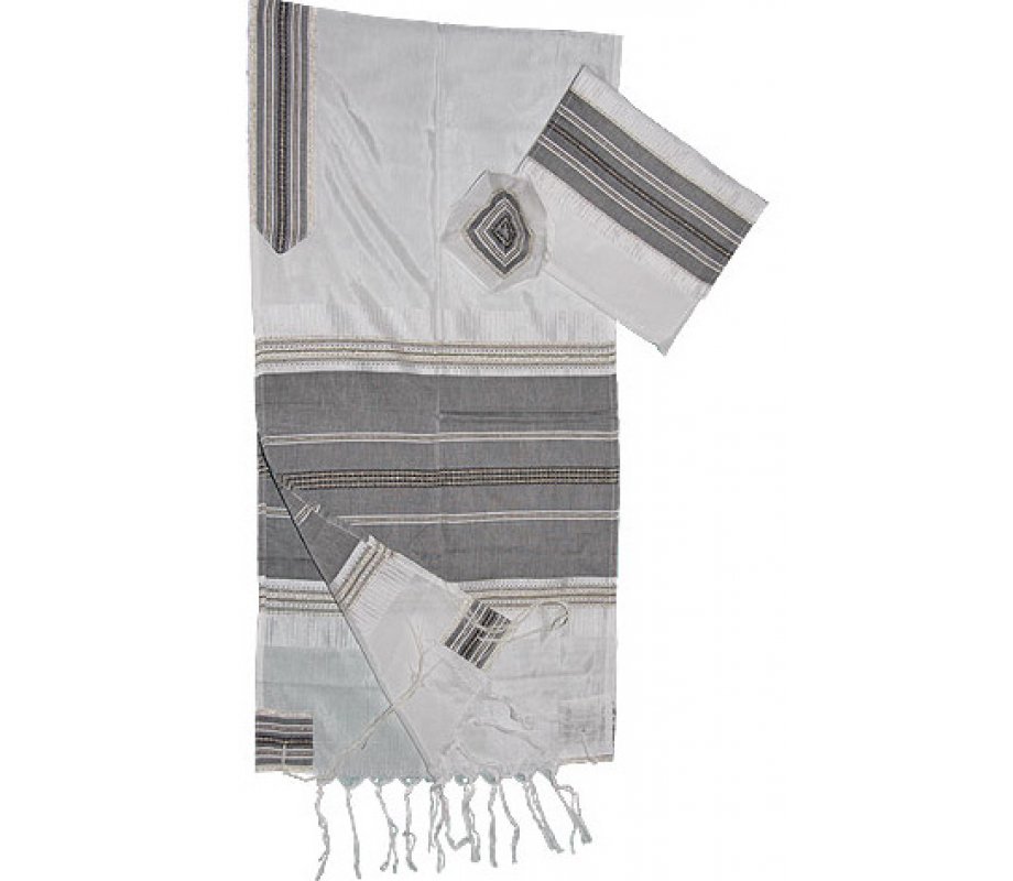 White Silk-Cotton Prayer Shawl Tallit Set with Black and Gold stripes - Gabrieli