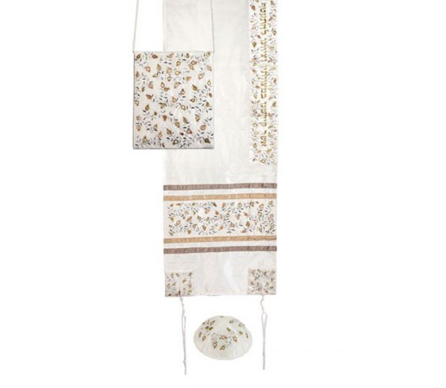 White Tallisack Prayer Shawl Set, Embroidered Gold and silver Pomegranates - Yair Emanuel