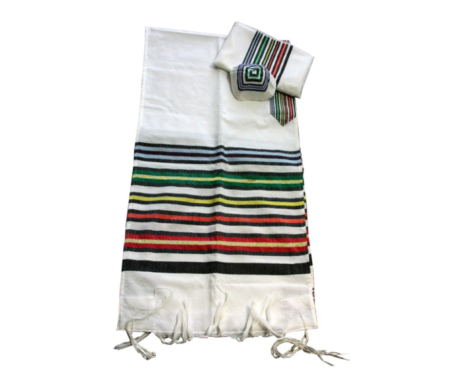 White Wool Handwoven Prayer Shawl Set with Joseph Coat Stripes - Gabrieli