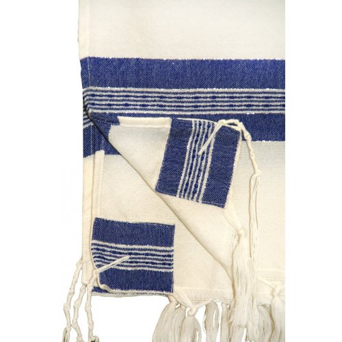 White Wool Handwoven Prayer Shawl Set with Silver and Blue Stripes - Gabrieli