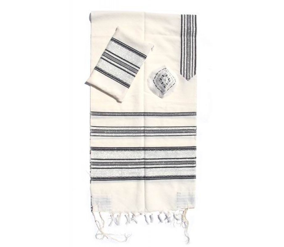 White with Black Stripes Handwoven Wool Prayer Shawl Tallit Set - Gabrieli