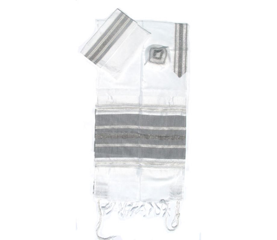 White with Black and Silver Stripes Handwoven Silk Prayer Shawl Set - Gabrieli