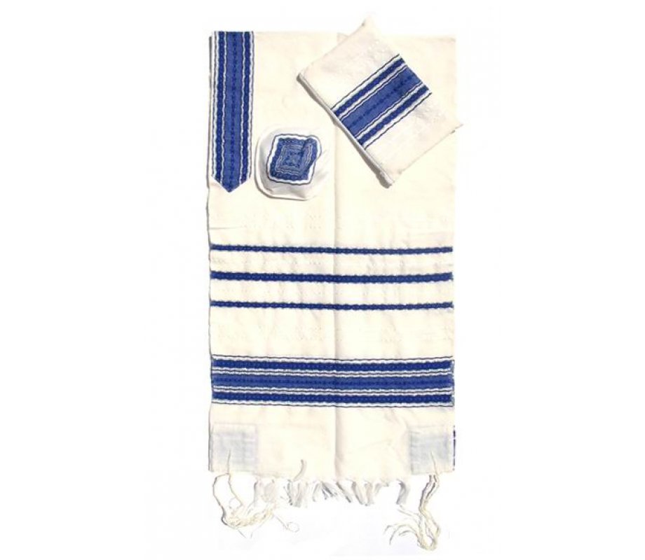 White with Blue Stripes Handwoven Wool Prayer Shawl Tallit - Gabrieli