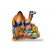 Wood and Epoxy Cutout Jerusalem Magnet - Desert Camel with Israeli Flowers