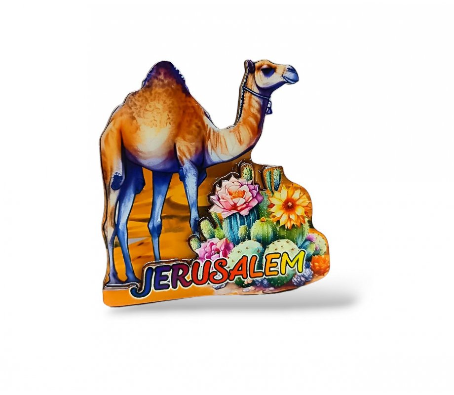 Wood and Epoxy Cutout Jerusalem Magnet - Desert Camel with Israeli Flowers