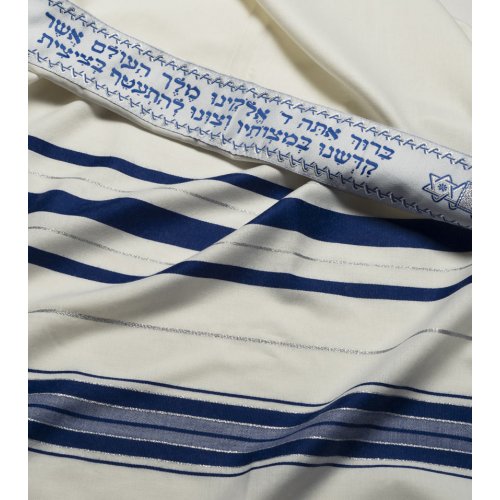 Wool Prayer Shawl with Blue and Silver Stripes - Talitania