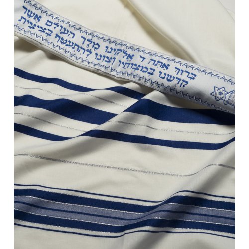 Wool Prayer Shawl with Blue and Silver Stripes - Talitania