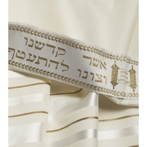 Wool Prayer Shawl with White and Gold Stripes - Talitania