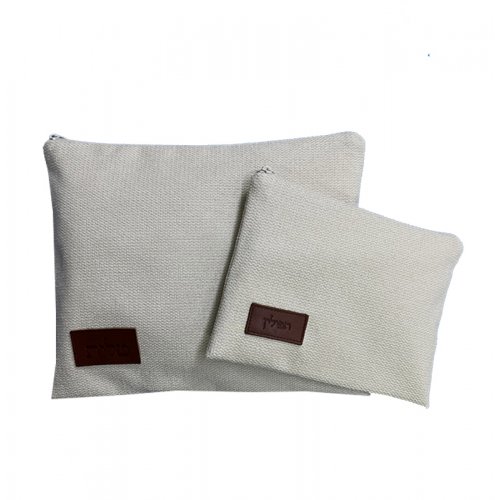 Woven Fabric Prayer Shawl and Tefillin Bag Set, Off White - Ronit Gur