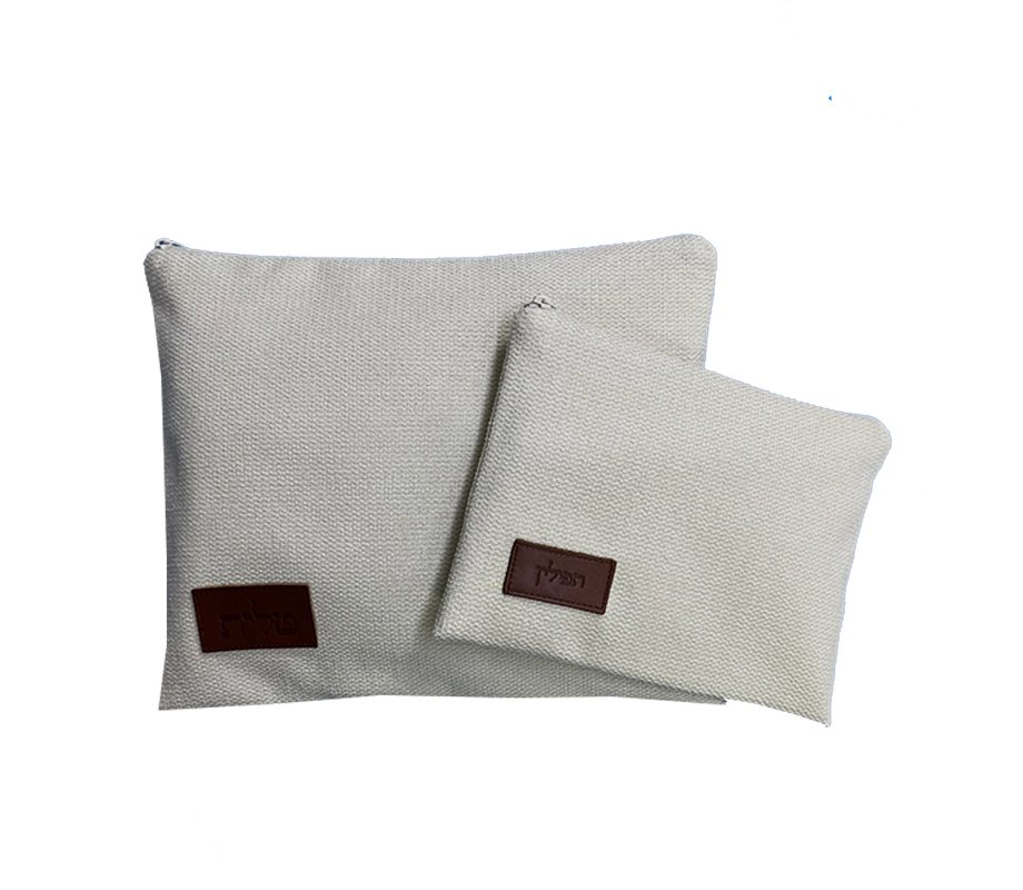 Woven Fabric Prayer Shawl and Tefillin Bag Set, Off White - Ronit Gur