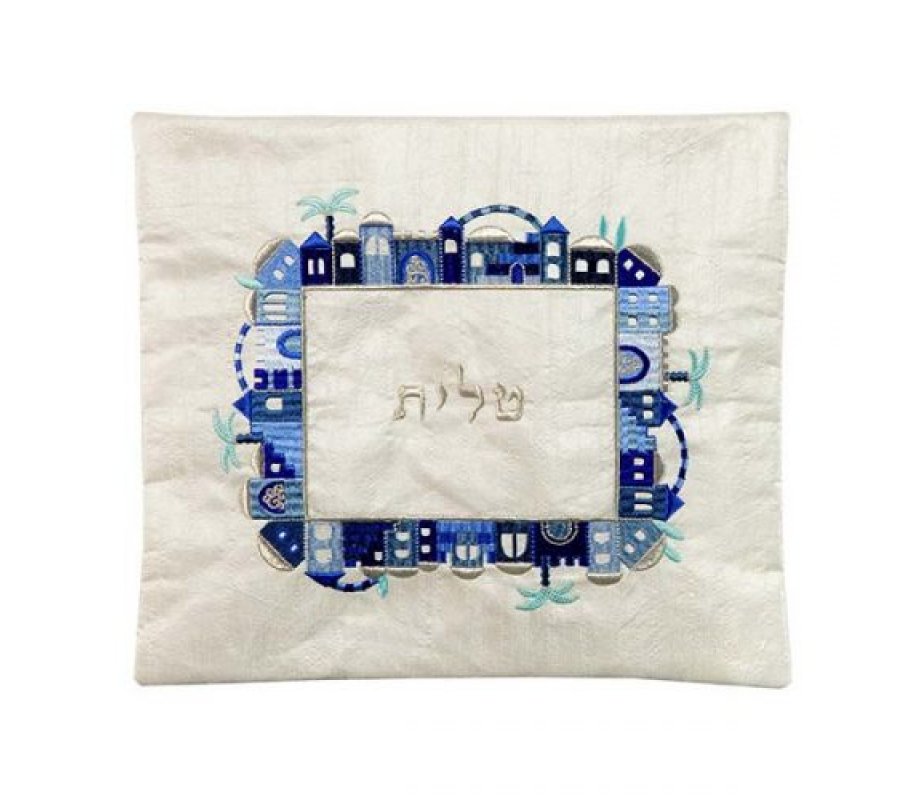 Yair Emanuel Embroidered Bags, Prayer Shawl and Tefillin – Blue Jerusalem on Off-White