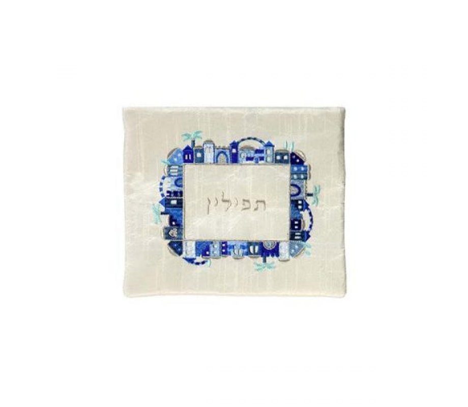 Yair Emanuel Embroidered Bags, Prayer Shawl and Tefillin – Blue Jerusalem on Off-White