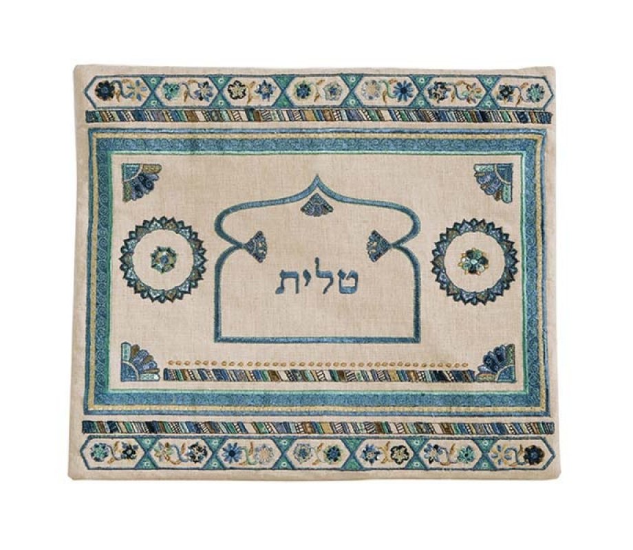 Yair Emanuel Embroidered Linen Tallit & Tefillin Bag, Turquoise - Oriental Motifs