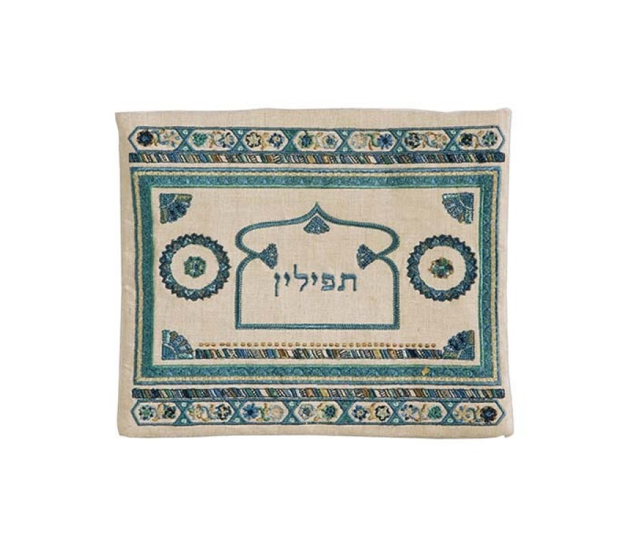 Yair Emanuel Embroidered Linen Tallit & Tefillin Bag, Turquoise - Oriental Motifs