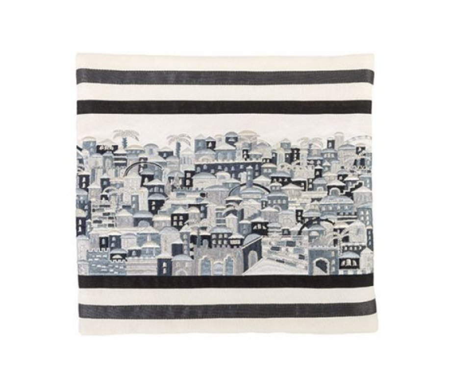 Yair Emanuel Embroidered Prayer Shawl Bag, Panoramic Jerusalem - Black and Gray