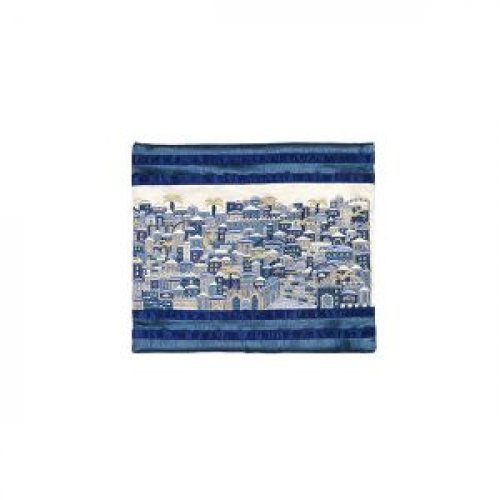 Yair Emanuel Embroidered Prayer Shawl Bag, Panoramic Jerusalem – Blue
