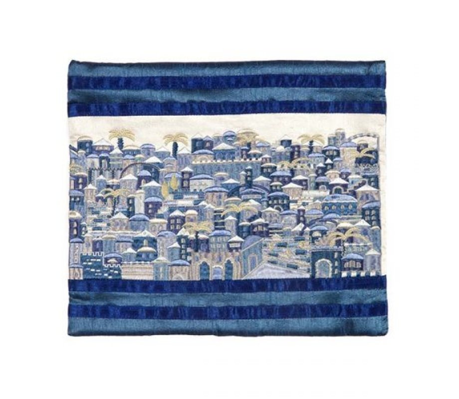 Yair Emanuel Embroidered Prayer Shawl Bag, Panoramic Jerusalem – Blue