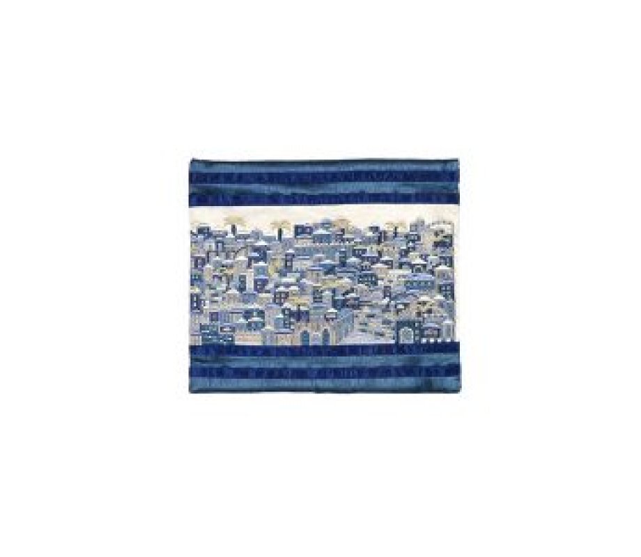Yair Emanuel Embroidered Prayer Shawl Bag, Panoramic Jerusalem – Blue