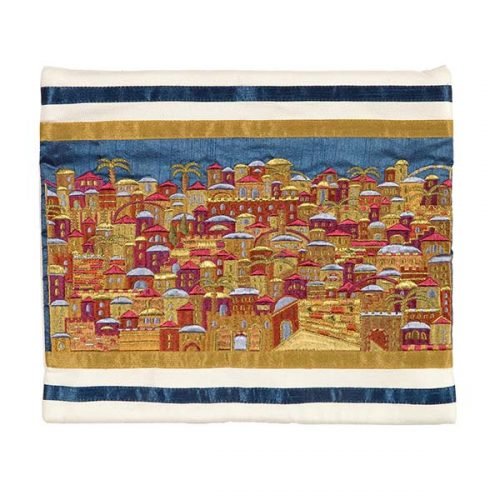 Yair Emanuel Embroidered Prayer Shawl Bag, Panoramic Jerusalem - Gold