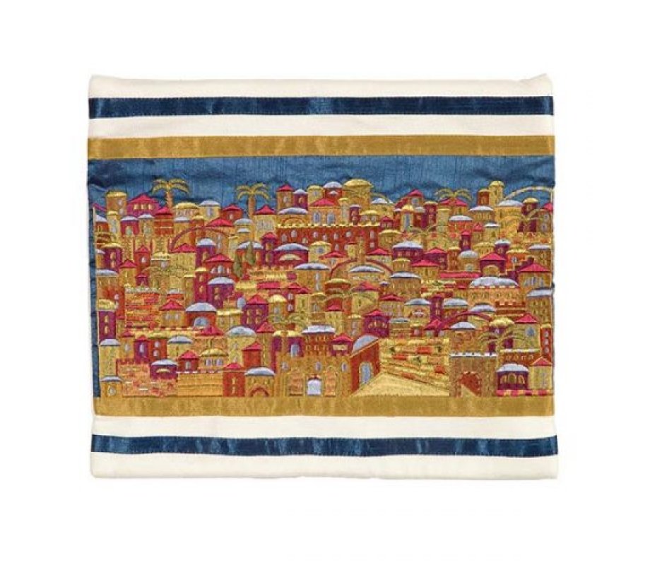 Yair Emanuel Embroidered Prayer Shawl Bag, Panoramic Jerusalem - Gold