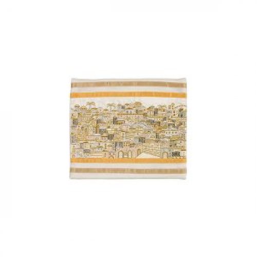 Yair Emanuel Embroidered Prayer Shawl Bag, Panoramic Jerusalem - Gold and Silver