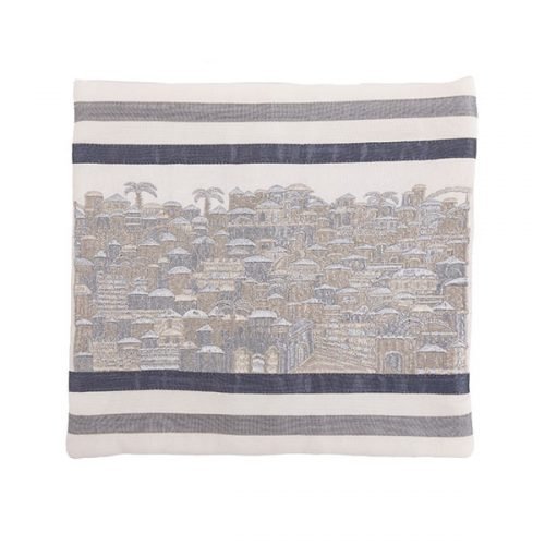 Yair Emanuel Embroidered Prayer Shawl Bag, Panoramic Jerusalem - Silver