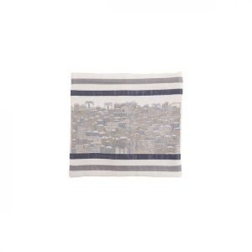 Yair Emanuel Embroidered Prayer Shawl Bag, Panoramic Jerusalem - Silver