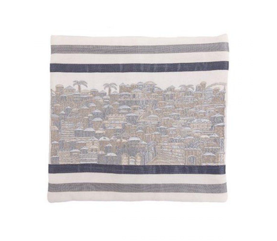 Yair Emanuel Embroidered Prayer Shawl Bag, Panoramic Jerusalem - Silver