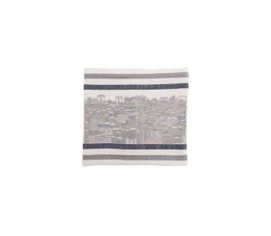 Yair Emanuel Embroidered Prayer Shawl Bag, Panoramic Jerusalem - Silver