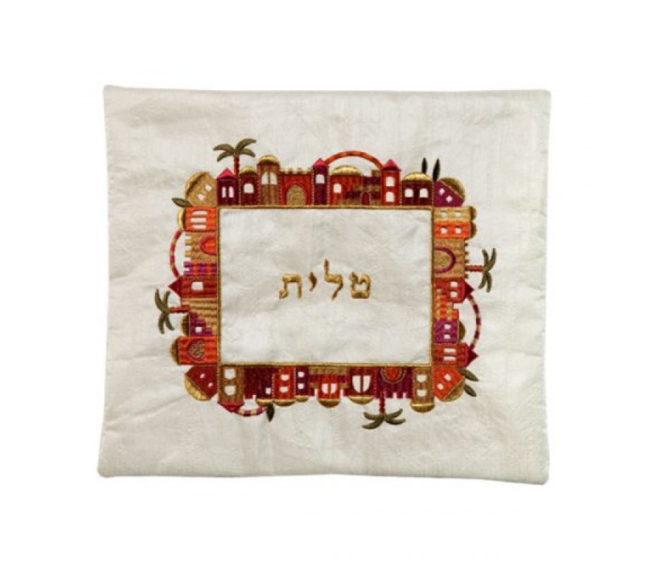 Yair Emanuel Embroidered Prayer Shawl and Tefillin Bag - Jerusalem Frame on Off White