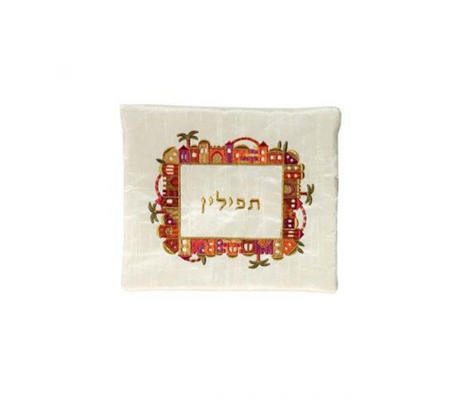 Yair Emanuel Embroidered Prayer Shawl and Tefillin Bag - Jerusalem Frame on Off White