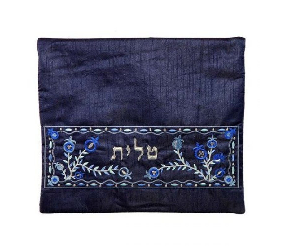 Yair Emanuel Embroidered Prayer Shawl and Tefillin Bag Set– Blue Pomegranates on Blue