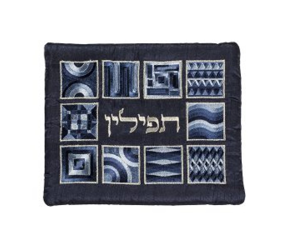 Yair Emanuel Embroidered Prayer Shawl and Tefillin Bag Set, Squares and Shapes - Blue