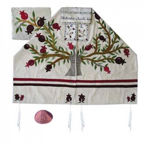 Yair Emanuel Embroidered Silk Prayer Shawl Set, Colorful Tree of Life  White