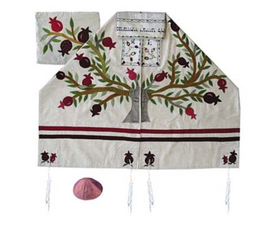Yair Emanuel Embroidered Silk Prayer Shawl Set, Colorful Tree of Life – White