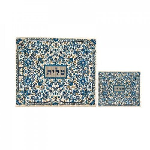 Yair Emanuel Full Embroidery Prayer Shawl and Tefillin Bag with Floral Design - Blue