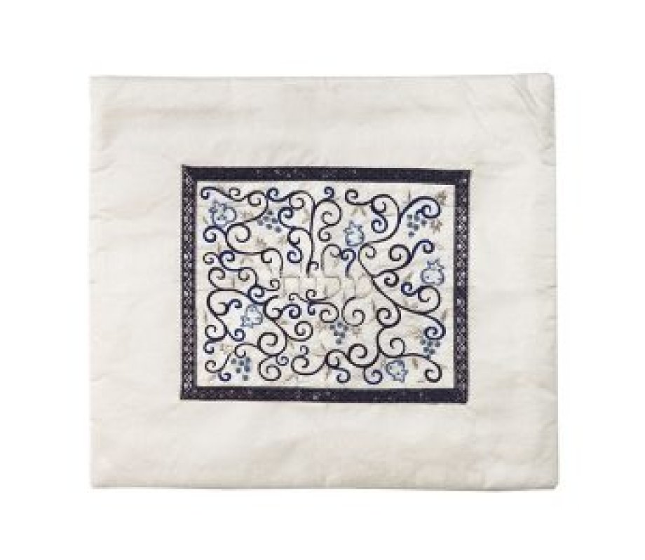 Yair Emanuel Tallit and Tefillin Bag Set, Embroidered Pomegranate Vines - Blue