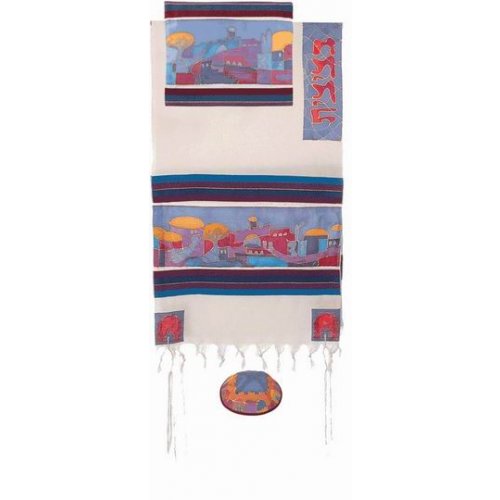 Yair Emanuel Woven Cotton and Silk Prayer Shawl Set, Jerusalem Images - Colorful