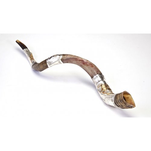 Yemenite Shofar with Silver Jerusalem Temple design