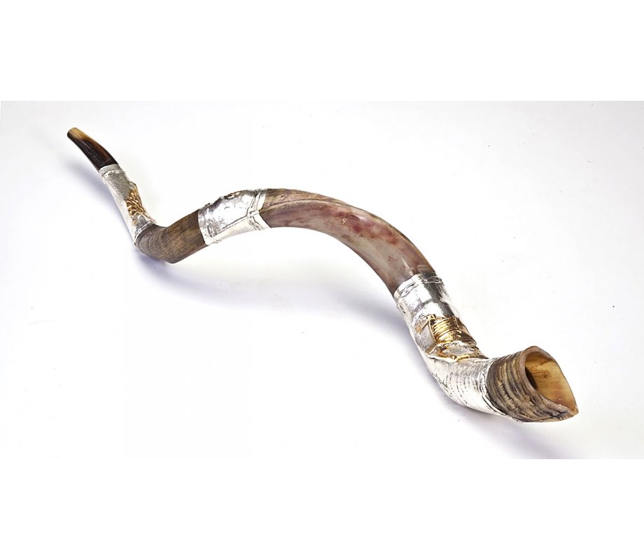 Yemenite Shofar with Silver Jerusalem Temple design