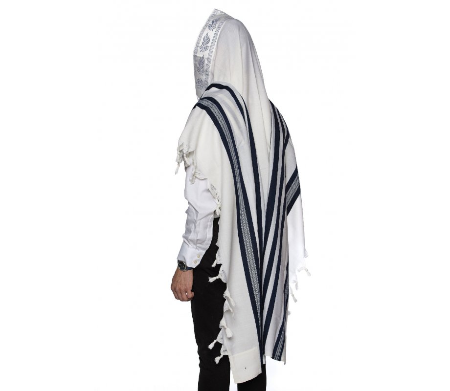 Yishtabach Praise Wool Non Slip Prayer Shawl - Dark Navy Stripes