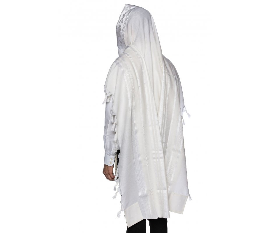 Yishtabach Praise Wool Non Slip Prayer Shawl - Shiny White Stripes