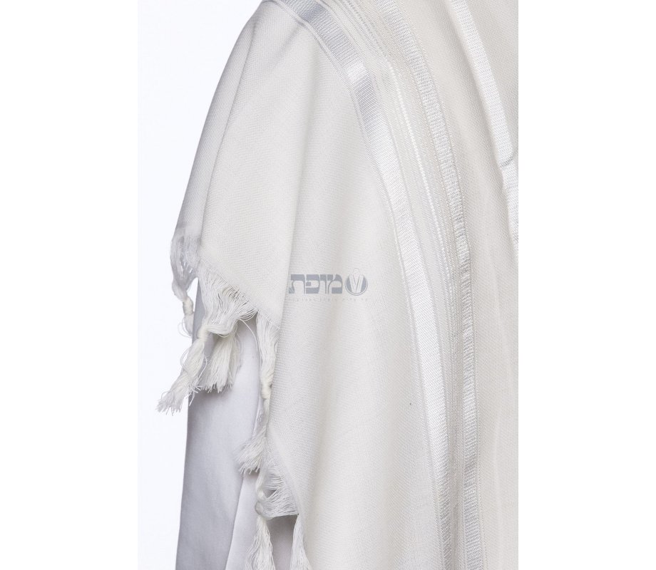 Yishtabach Praise Wool Non Slip Prayer Shawl - Shiny White Stripes
